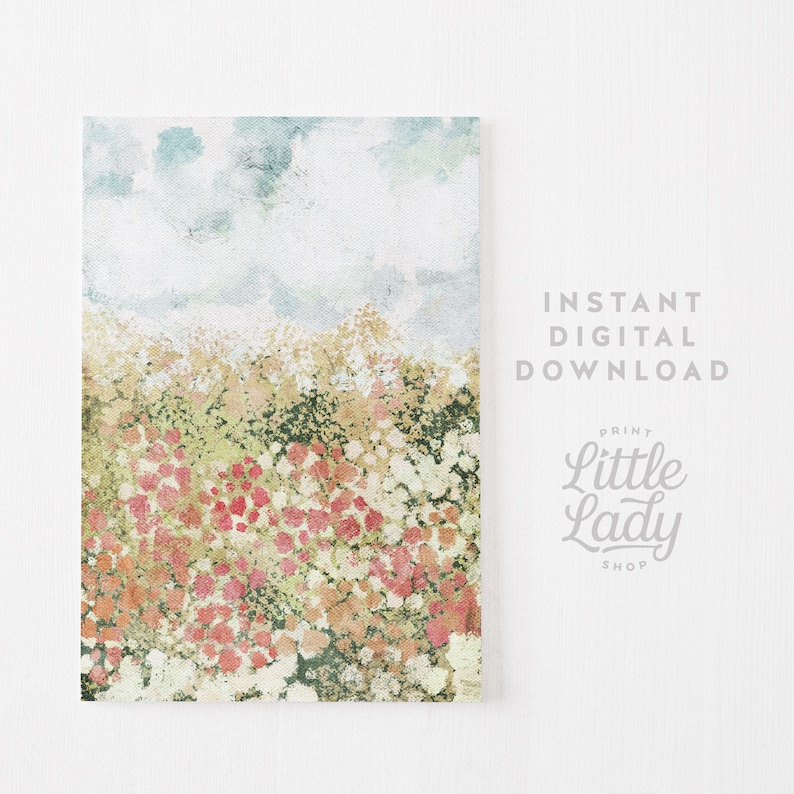 May include: Abstract watercolor painting with a light blue sky and a field of pink, white, and yellow flowers.