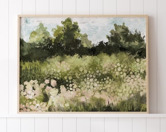 Summer Landscape Print, Spring Meadow Printable Art, Vintage Style Flower Field Oil Painting, Farmhouse Country Landscape Wall Decor