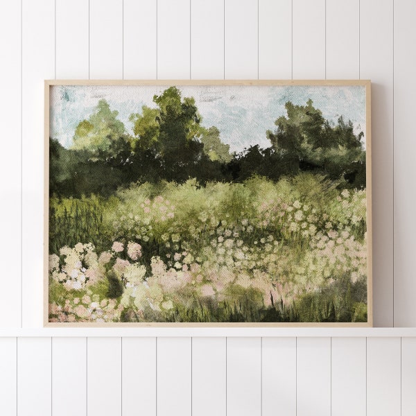 Summer Landscape Print, Spring Meadow Printable Art, Vintage Style Flower Field Oil Painting, Farmhouse Country Landscape Wall Decor