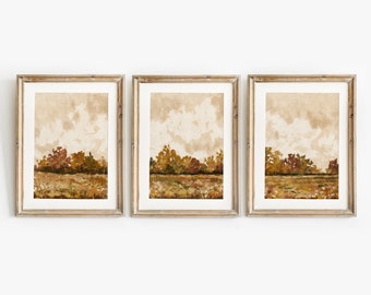 Fall Wall Art Landscape Set of 3 Prints, Autumn Printable Art, Rustic Country Fall Trees Oil Painting, Fall Decor Wildflower Field Print
