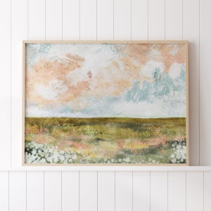Spring Landscape Print, Neutral Pastel Landscape Printable Wall Art, Country Farmhouse Landscape Oil Painting, Cloudy Pink Sky, Girls Room