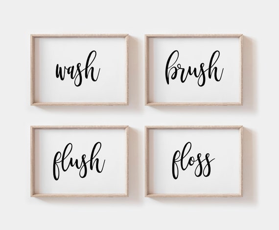 Set of four Bathroom Prints, Wash Brush Floss Flush, Bathroom printable, Bathroom Sign, Bathroom Art Print, Washroom Wall Art,Bathroom Decor