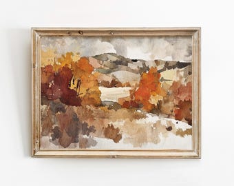 Abstract Fall Landscape Painting Printable Wall Art, Autumn Thanksgiving Decor