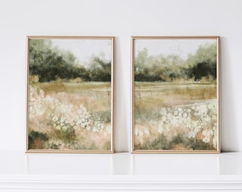Set di due stampe di paesaggi estivi, arte da parete stampabile primaverile, pittura a olio in stile vintage con paesaggi tenui, decorazioni estive per campi di campagna terrosa