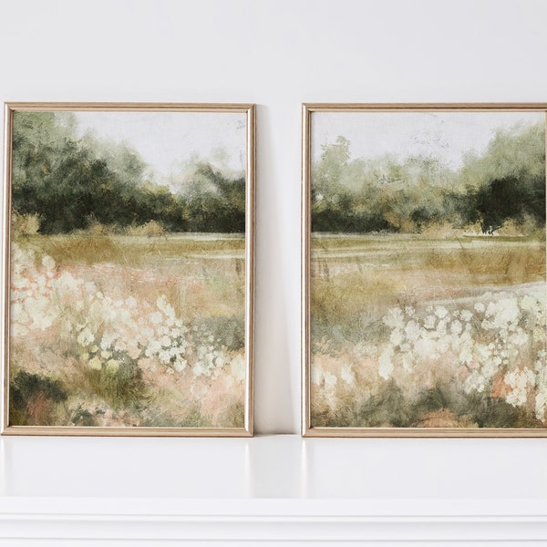 Set of two Summer Landscape Prints, Spring Printable Wall Art, Muted Scenery Vintage Style Oil Painting, Earthy Country Field Summer Decor