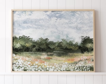 Country Landscape Printable Art, Vintage Style Landscape Print, Spring Flower Field Art, Large Wall Decor, Abstract Landscape Oil Painting