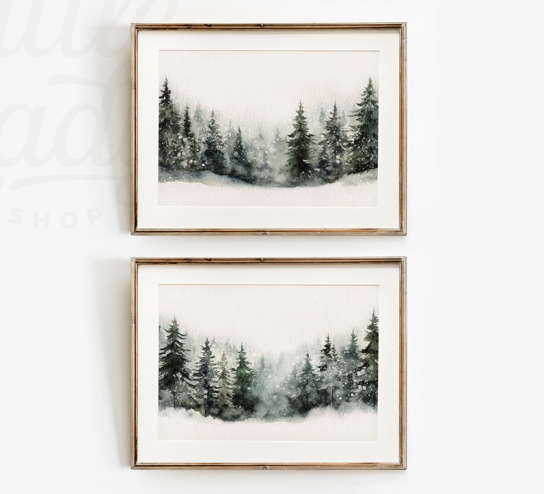 Set of 2 Winter Pine Forest Paintings, Christmas Prints, Printable Wall ...