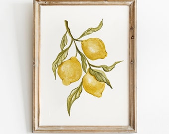 Lemon print, Citrus Fruit Printable Wall Art, Kitchen Decor, Lemon Branch Watercolour Painting, Botanical Illustration