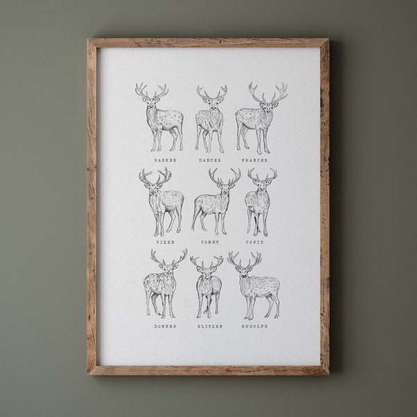 Neutral Christmas Decor Reindeer Print, Winter Printable Wall Art, Rustic Vintage Style Sketch Christmas Decorations, Rudolph Holiday Poster