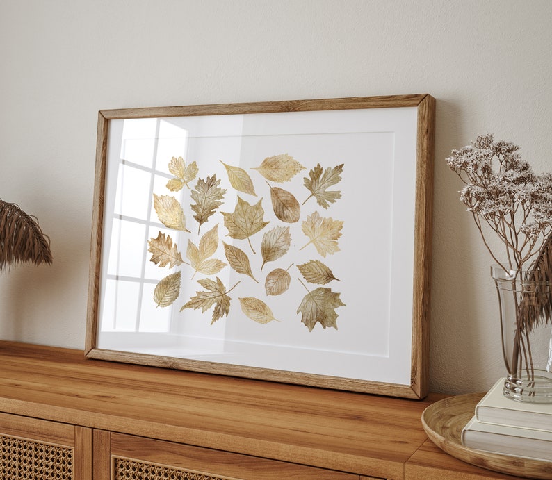 Neutral Fall Print, Printable Wall Art, Watercolour Fall Leaves Print, Gold Fall art, Fall decor, Autumn Print, Fall Sign, Fall painting image 3