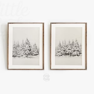 Rustic Winter Prints Set of 2, Christmas Printable Wall Art, Winter Forest Sketch Christmas Decor, Snowy Trees Landscape Vintage Print Set