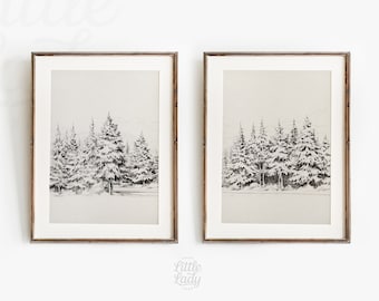 Rustikale Winter Drucke 2er Set, Weihnachten druckbare Wandkunst, Winter Wald Skizze Weihnachtsdekor, verschneite Bäume Landschaft Vintage Print Set