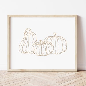 Impresión de calabaza de arte lineal, decoración de otoño neutral, arte de pared imprimible de calabaza beige, arte de pared de Halloween, impresión de otoño moderna, cartel de otoño