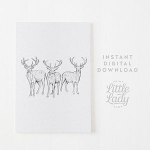 Reindeer Drawing Print Christmas Decor, Neutral Winter Printable Wall Art, Hand Drawn Deer Sketch Animal Poster, Vintage Style Holiday image 2