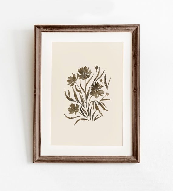Muted Wildflower Painting, Neutral Printable Wall Art, Brown Botanical Spring Flower Print, Neutral Wall Art, Vintage Inspired Floral