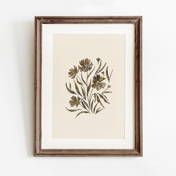 Muted Wildflower Painting, Neutral Printable Wall Art, Brown Botanical Spring Flower Print, Neutral Wall Art, Vintage Inspired Floral