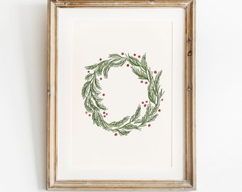 Christmas Wreath Print, Christmas Printable Art, Winter Botanical Christmas Watercolour Painting, Instant download, Cozy Holiday Wall Decor