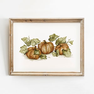 Pumpafälttryck höstdekor, utskrivbar väggkonst, handritad stilleben akvarellmålning, pumpavinstock botanisk Thanksgiving-affisch