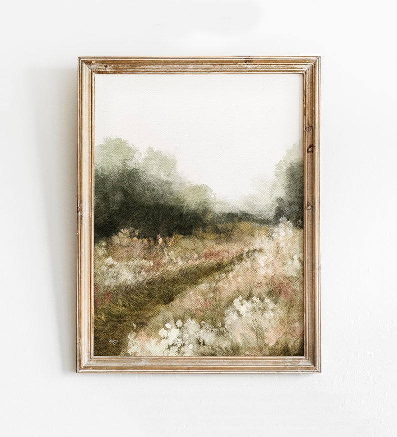 Rustic Landscape Painting, Summer Landscape Print, Neutral Printable Wall Art, Country Farmhouse Decor, Nature Oil Painting, Digital image 1