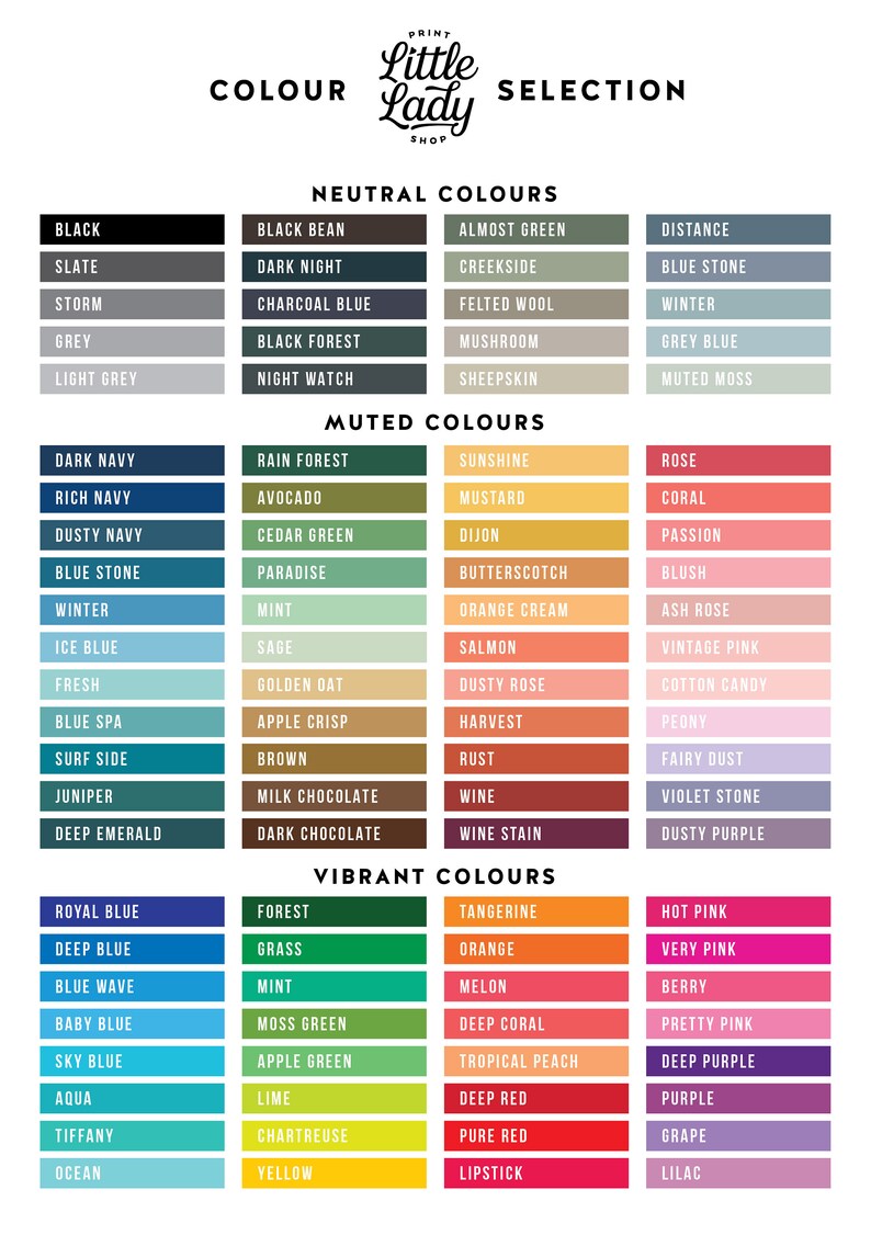 Op de afbeelding: Een kleurenkaart met een verscheidenheid aan kleuren, georganiseerd in drie categorie&euml;n: Neutrale kleuren, Gedempte kleuren en Levendige kleuren. Elke kleur is gelabeld met een beschrijvende naam, zoals "Black Bean", "Dusty Rose" en "Deep Coral".