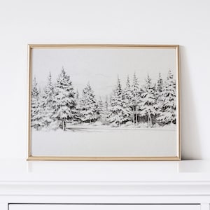 Vintage Winter Forest Landscape Print, Printable Wall Art, Rustic Christmas Decor, Snowy Evergreen Pine Trees Sketch, Minimal Drawing | 2310