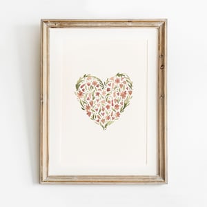 Flower Heart Print, Valentines Day Printable Wall Art, Floral Watercolour Painting, Nursery Print, Girls Room Wall Decor, Boho Poster