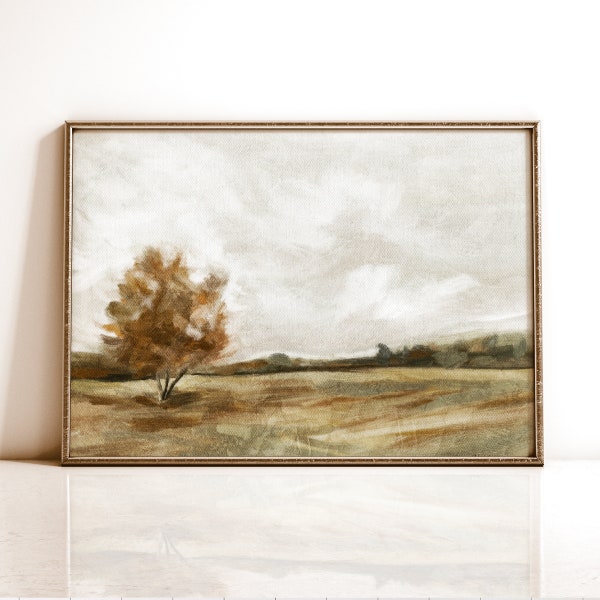 Impresión de otoño, pintura de paisaje de decoración de otoño, arte de pared imprimible, impresión digital, pintura al óleo de estilo vintage silenciado, cartel de árbol de otoño neutral