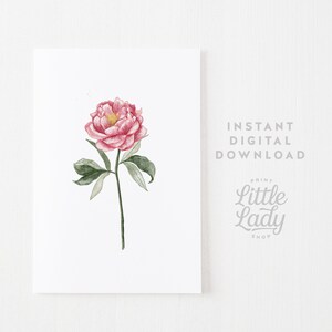 May include: A watercolor painting of a single pink peony flower with green leaves and a stem. The flower is in bloom and has a yellow center. The painting is on a white background.