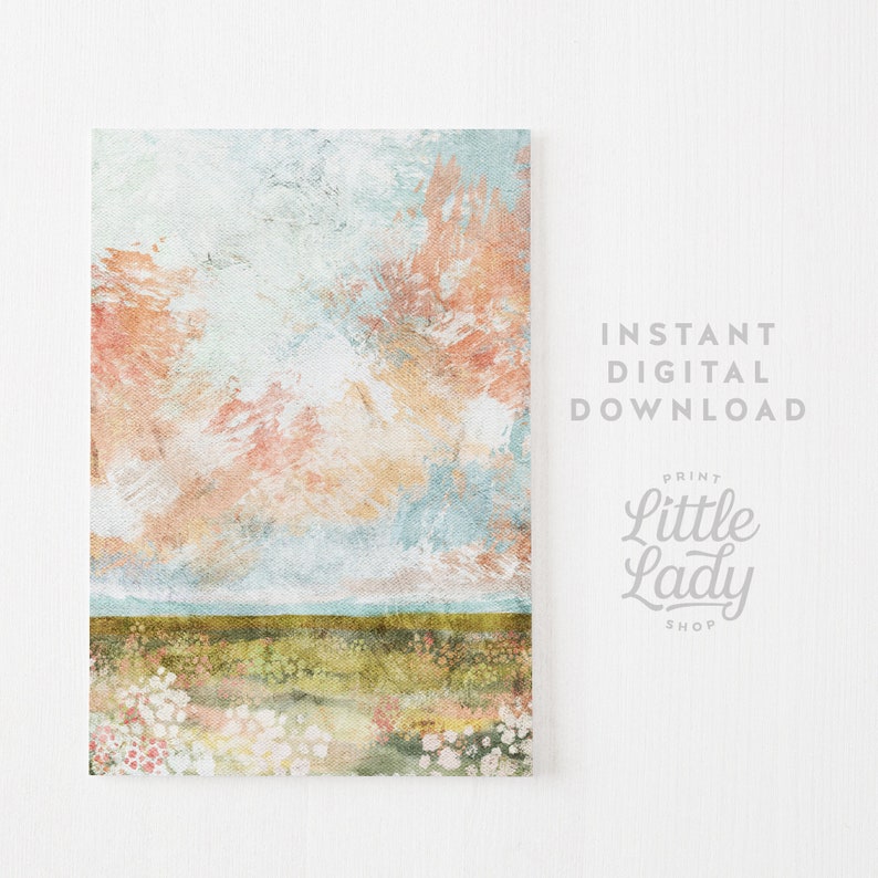 Spring Print, spring landscape Printable Art, landscape Print, Vintage Style decor, Cloudy Sky Wall Art, Summer Farmhouse Oil Painting image 2