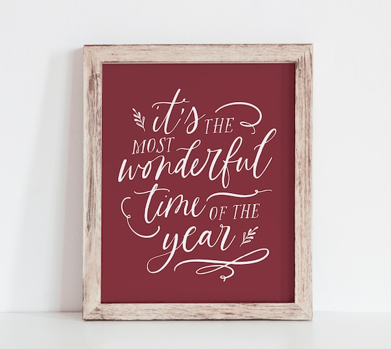 Red Holiday Printable Wall Art, Most Wonderful Time of the Year Print, Christmas Wall Decor, Christmas Print, Christmas Carol Sign