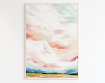 Pink Sky Landscape Print, Printable Art, meisjes slaapkamer wand decor, abstracte landschapskunst, kunst aan de grote muur, bewolkte hemel schilderij