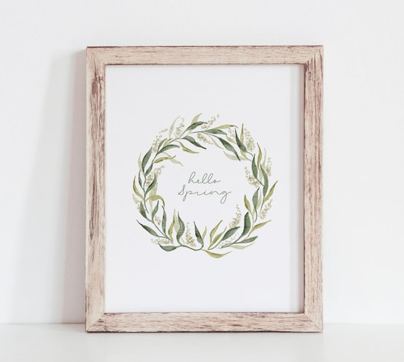 Hello Spring Printable Wall Art, Spring Wreath Painting, Botanical Wreath Watercolour Painting, Spring Wall art, Spring Wall Decor, Download