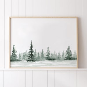 Winter Trees Christmas Printable Art, Green Winter Landscape Print, Snowy Winter Forest Wall Art, Winter Watercolour painting, Holiday Print