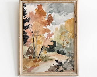 Fall Tree Landscape Printable Wall Art – Rustic Autumn Decor, Cozy Cottagecore Style, Digital Download