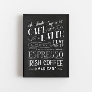 May include: Black and white chalkboard sign with a list of coffee drinks, including Macchiato, Cappuccino, Cafe Latte, Long Black, Flat White, Vienna, Mochaccino, Affogato, Espresso, Irish Coffee, and Americano.