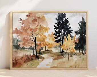 Fall Decor Landscape Printable Wall Art Autumn Woods Painting, Country Farmhouse Print