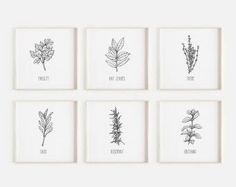 Kitchen Wall Art, Kitchen Decor, Herb Print Set, Printable Art, Set of 6 Kitchen Prints, Square Prints, Herb Art, Leaf Wall art