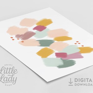 May include: Abstract art print featuring a colorful design with pink, yellow, green, and brown brushstrokes. The print has a minimalist style and would look great in a modern home.
