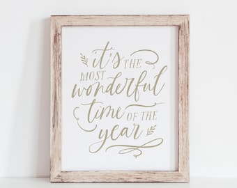 It's the Most Wonderful Time Of the Year Print, Christmas Printable Wall Art, Calligraphy Holiday Wall Decor, Gold Christmas Decorations