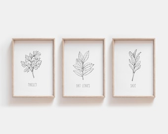Set of 3 Herb Prints, Printable Herb Art, Kitchen Decor, Botanical Print, Kitchen Wall Art, Leaf Line Art, Kitchen Print Set