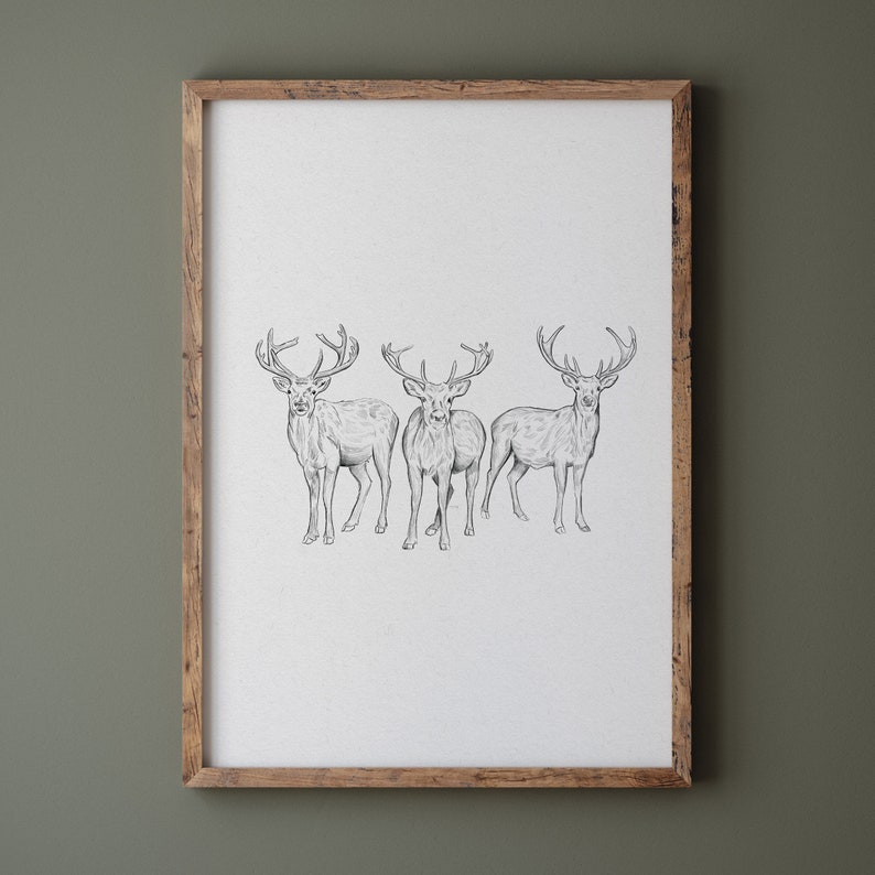 Reindeer Drawing Print Christmas Decor, Neutral Winter Printable Wall Art, Hand Drawn Deer Sketch Animal Poster, Vintage Style Holiday image 1