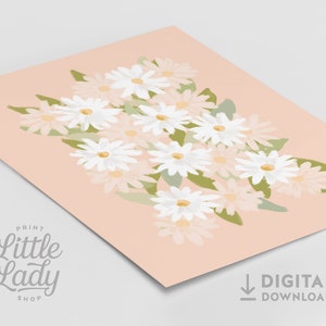 May include: A digital print of a bouquet of white daisies with pink and green accents on a peach background. The print is titled "Daisy" and is available for digital download.