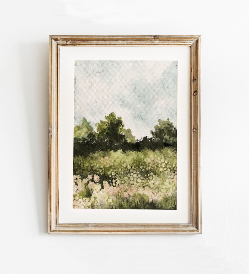 Arte imprimible de paisaje de flores silvestres, impresión de primavera, pintura al óleo de paisaje de campo de flores, decoración de estilo vintage, impresión de verano imagen 1