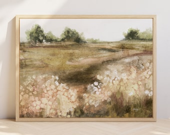 Summer Field Landscape Print, Cottage Scenery Printable Wall Art, Modern Farmhouse Decor, Spring Flower Pasture Landscape Oil Painting