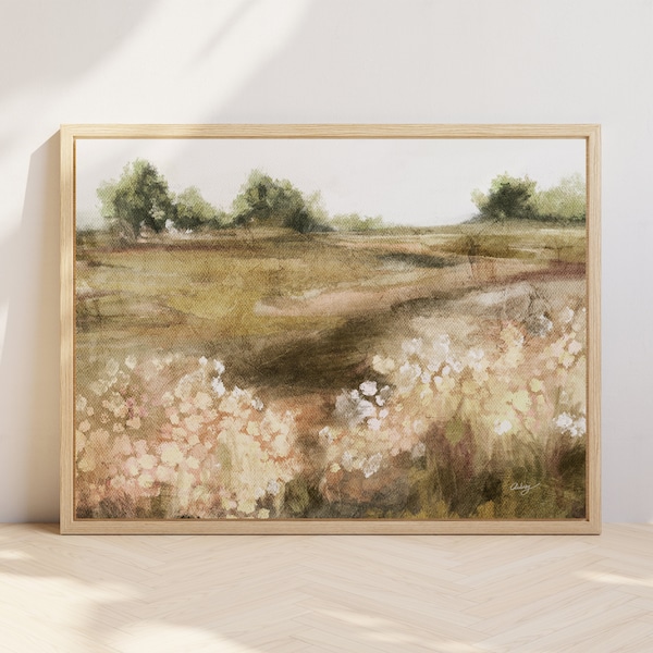 Summer Field Landscape Print, Cottage Scenery Printable Wall Art, Modern Farmhouse Decor, Spring Flower Pasture Landscape Oil Painting