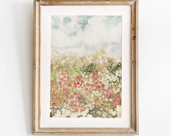 Spring Print, Flower Field Landscape Printable Art, Flower Meadow Oil Painting, Vintage Style decor, Summer Print, Abstract Garden Painting