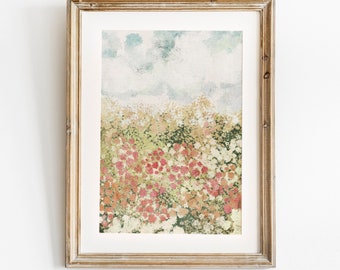 Spring Print, Flower Field Landscape Printable Art, Flower Meadow Oil Painting, Vintage Style decor, Summer Print, Abstract Garden Painting