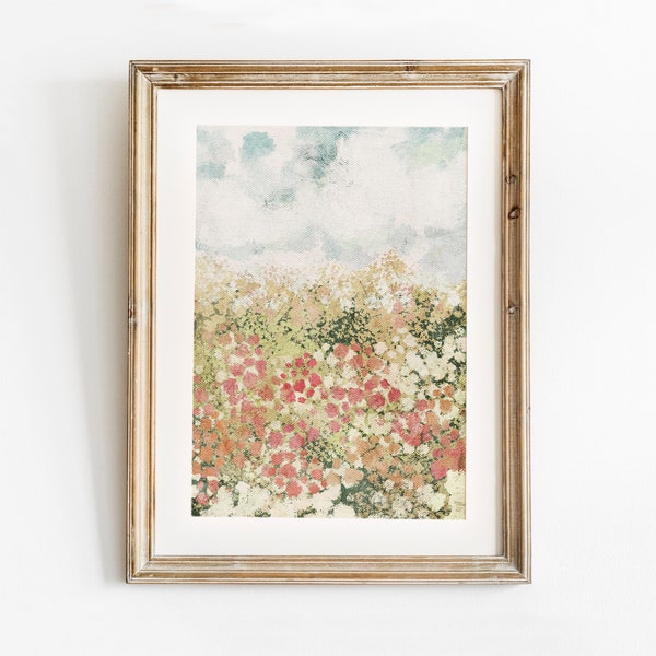 Spring Print, Flower Field Landscape Printable Art, Flower Meadow Oil Painting, Vintage Style decor, Summer Print, Abstract Garden Painting