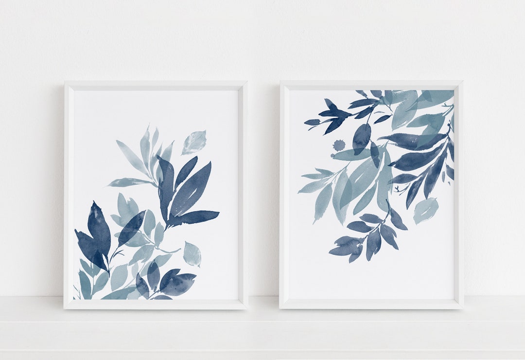 Set of 2 Prints, Printable Wall Art, Blue Leaf Print Set, Indigo Blue ...