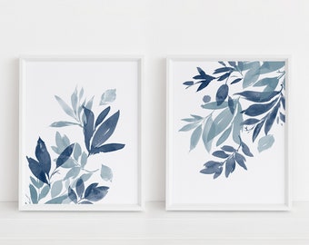 Set of 2 Prints, printable wall Art, blue Leaf Print Set, Indigo Blue Leaves, Botanical Print Set, Blue Watercolour painting,Navy Wall Decor